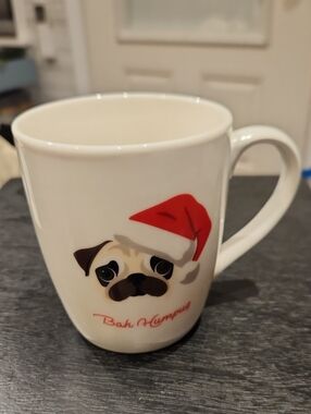 Ceramic Pug Holiday Mug in White and Red - Bah Humpug